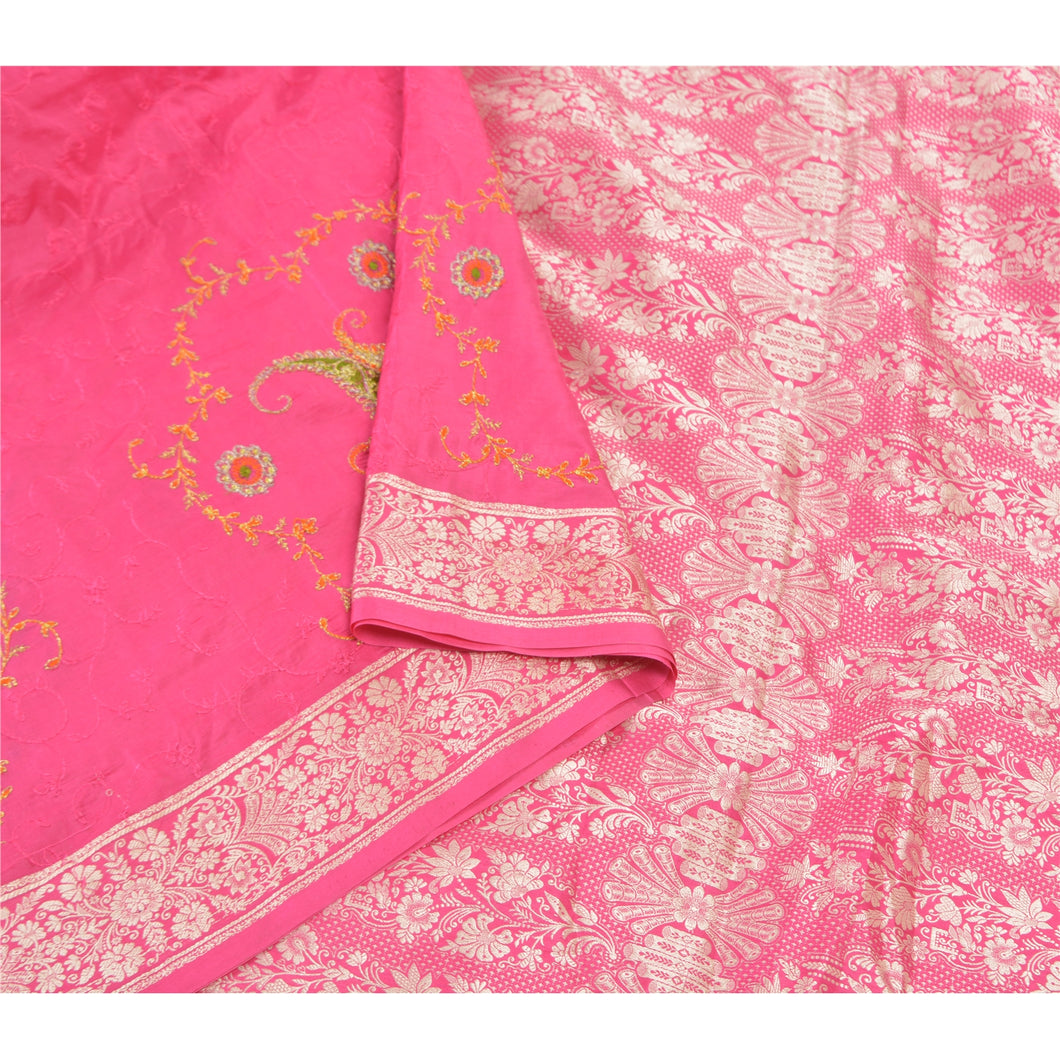 Sanskriti Vintage Pink Sarees Pure Silk Embroidered Woven Sari Fabric Blouse PC