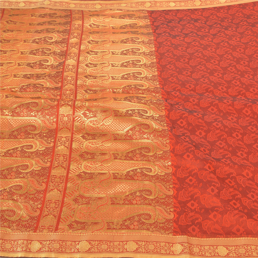 Sanskriti Vintage Orange Sarees Art Silk Woven Sari Premium 5 Yard Craft Fabric