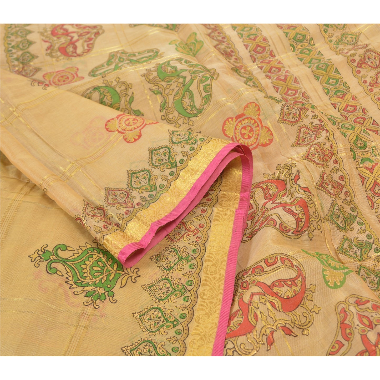 Sanskriti Vintage Beige Sarees 100% Pure Silk Painted Craft Sari 5 Yard Sustainable Fabric