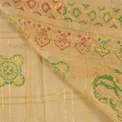 Sanskriti Vintage Beige Sarees 100% Pure Silk Painted Craft Sari 5 Yard Sustainable Fabric