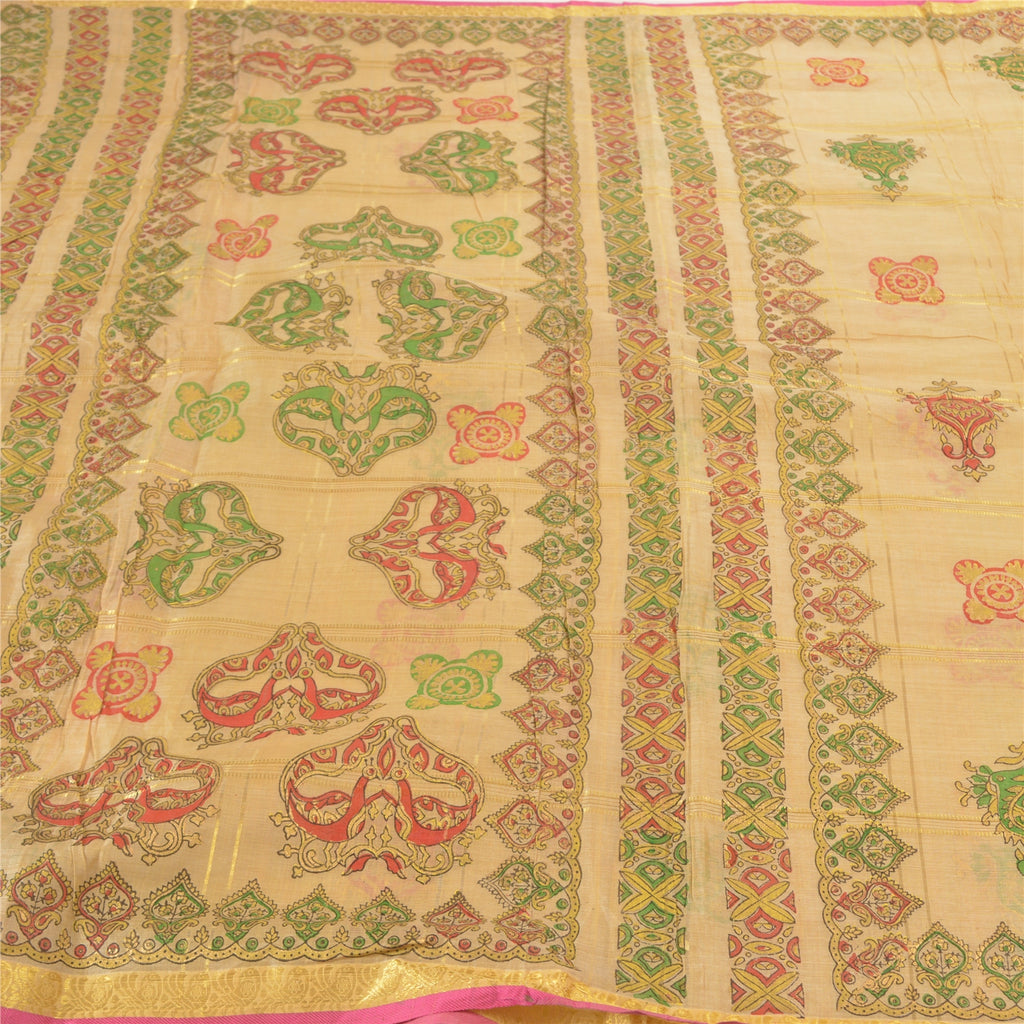 Sanskriti Vintage Beige Sarees 100% Pure Silk Painted Craft Sari 5 Yard Sustainable Fabric