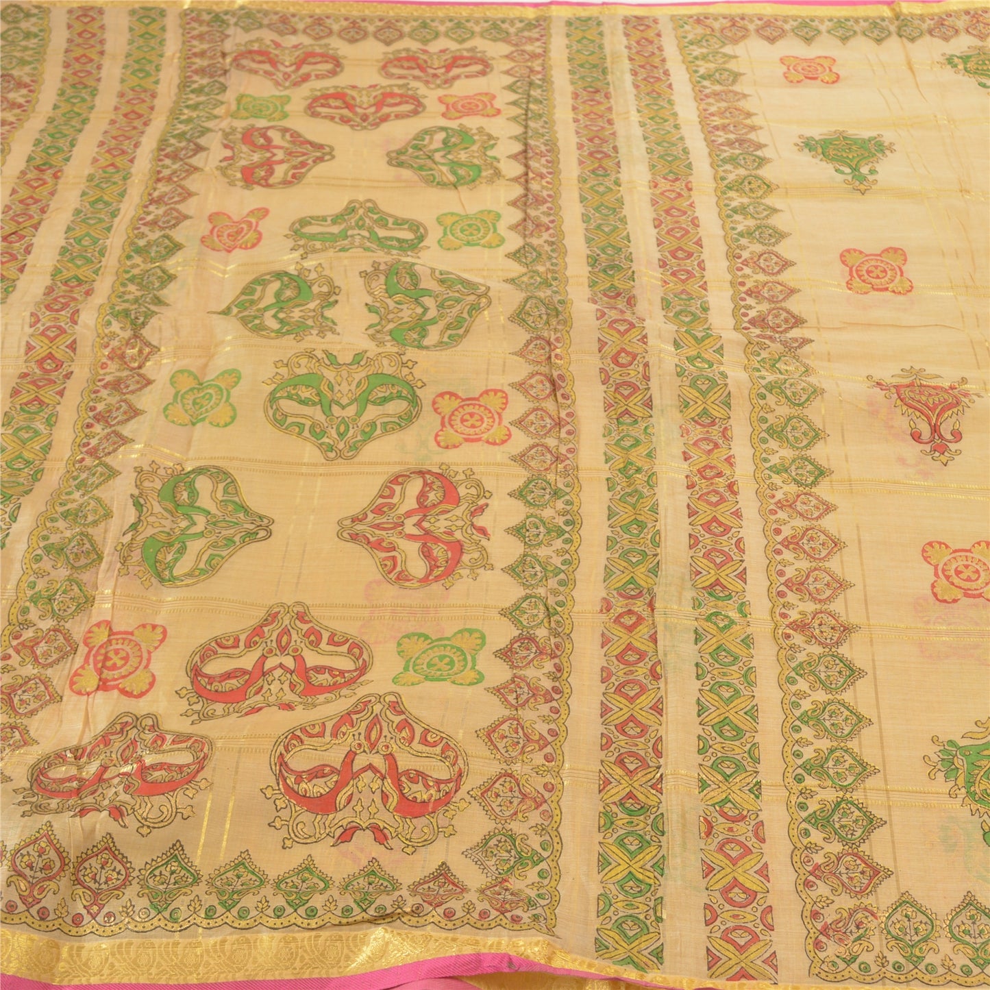 Sanskriti Vintage Beige Sarees 100% Pure Silk Painted Craft Sari 5 Yard Sustainable Fabric