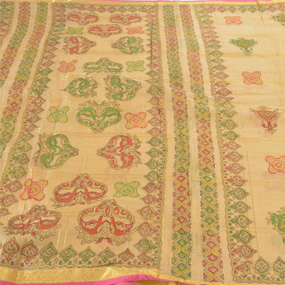 Sanskriti Vintage Beige Sarees 100% Pure Silk Painted Craft Sari 5 Yard Sustainable Fabric