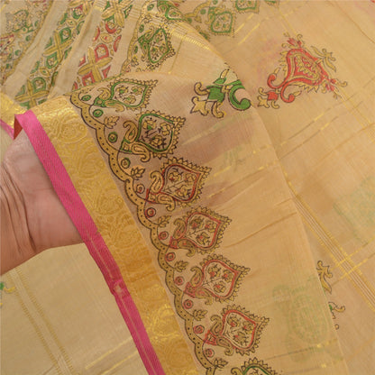 Sanskriti Vintage Beige Sarees 100% Pure Silk Painted Craft Sari 5 Yard Sustainable Fabric