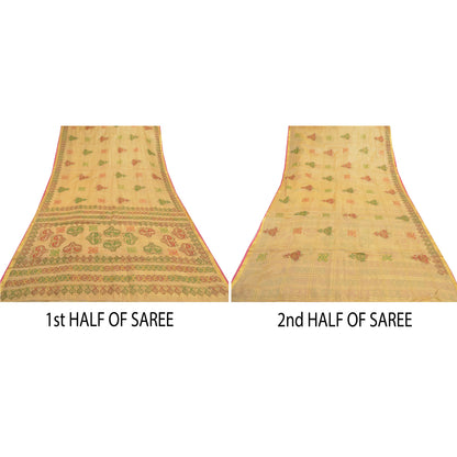 Sanskriti Vintage Beige Sarees 100% Pure Silk Painted Craft Sari 5 Yard Sustainable Fabric