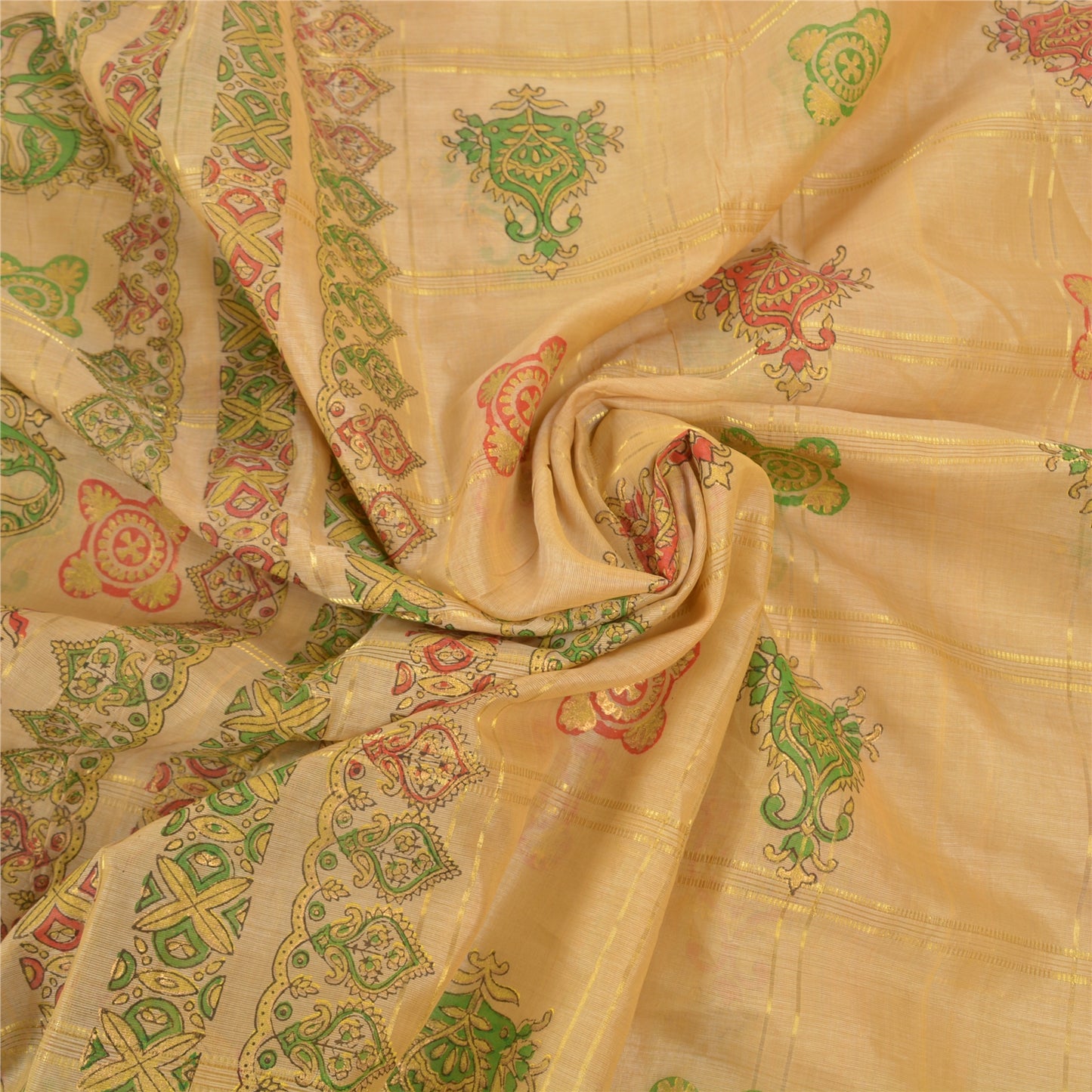 Sanskriti Vintage Beige Sarees 100% Pure Silk Painted Craft Sari 5 Yard Sustainable Fabric