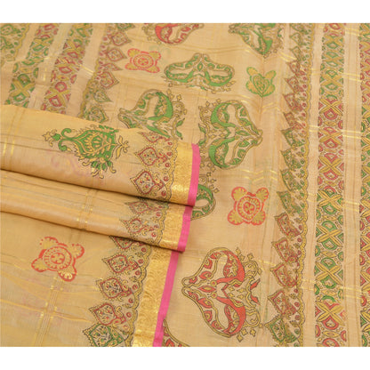 Sanskriti Vintage Beige Sarees 100% Pure Silk Painted Craft Sari 5 Yard Sustainable Fabric