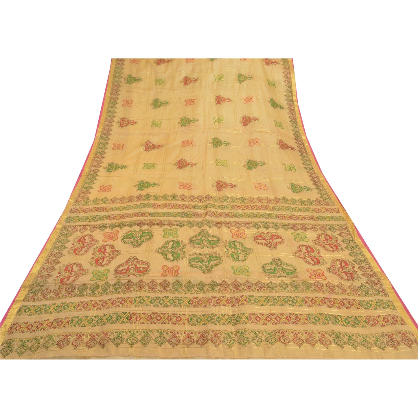 Sanskriti Vintage Beige Sarees 100% Pure Silk Painted Craft Sari 5 Yard Sustainable Fabric