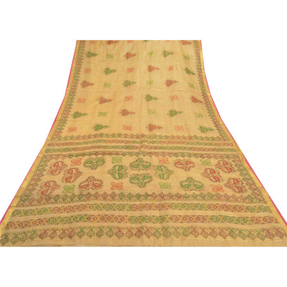 Sanskriti Vintage Beige Sarees 100% Pure Silk Painted Craft Sari 5 Yard Sustainable Fabric