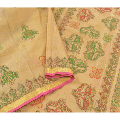 Sanskriti Vintage Beige Sarees 100% Pure Silk Painted Craft Sari 5 Yard Sustainable Fabric