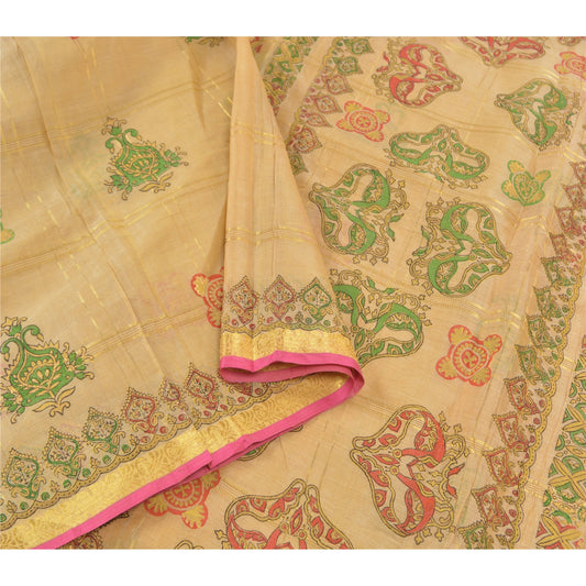 Sanskriti Vintage Beige Sarees 100% Pure Silk Painted Craft Sari 5 Yard Sustainable Fabric