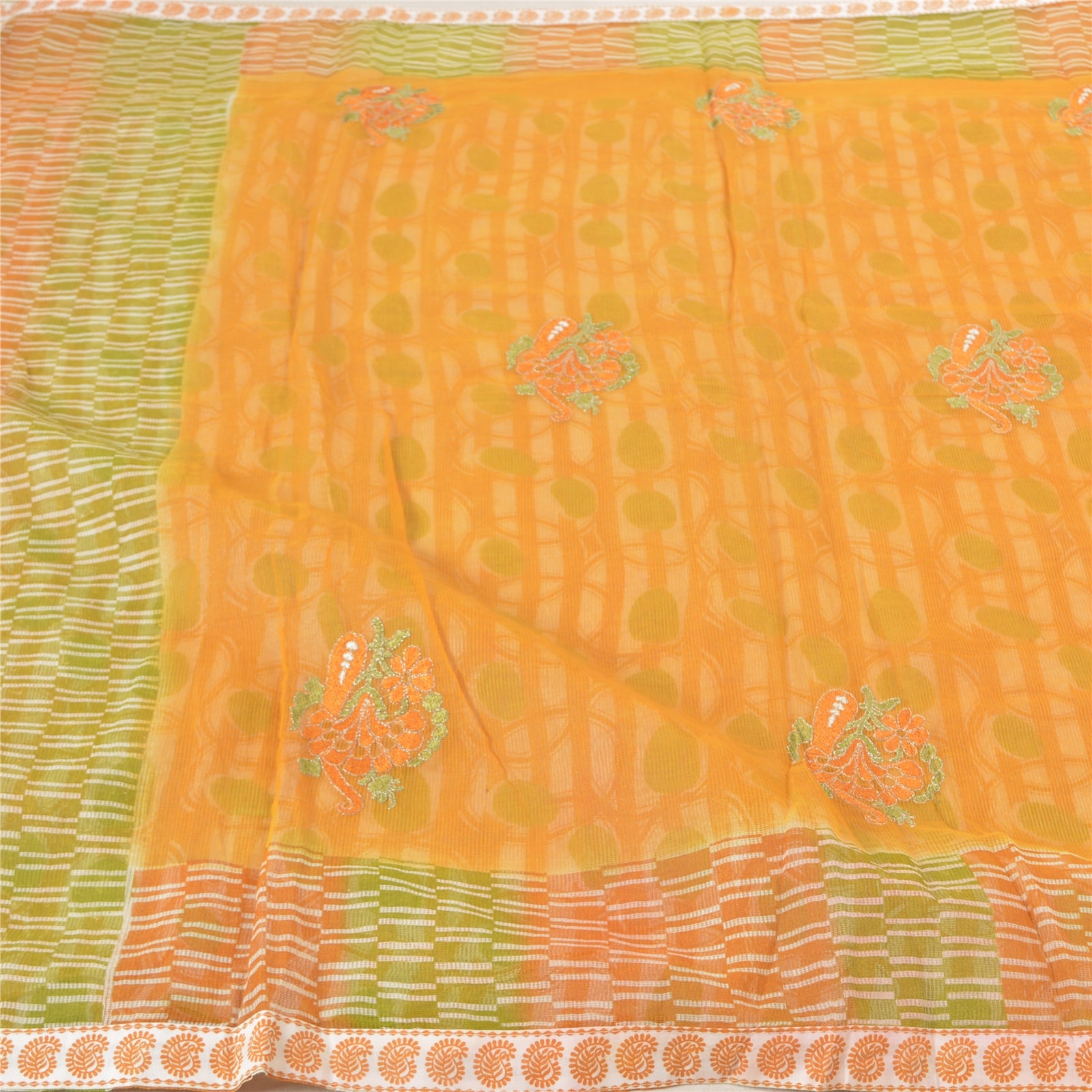 Sanskriti Vintage Saree Blend Cotton Saffron & Green Saree Embroidered Kota Rajasthan Of India Fabric 5 Yard Craft