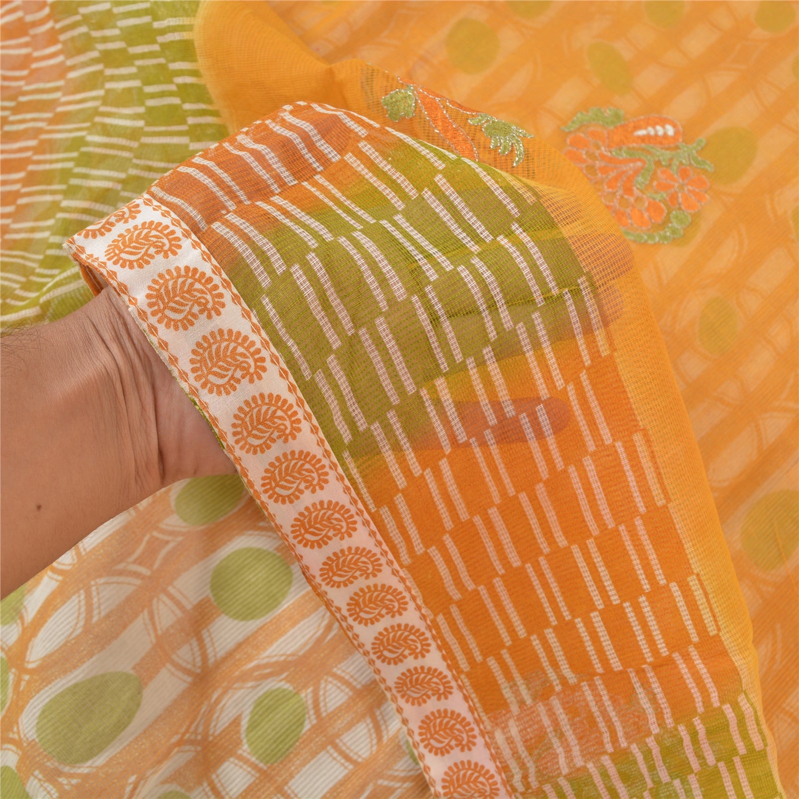 Sanskriti Vintage Saree Blend Cotton Saffron & Green Saree Embroidered Kota Rajasthan Of India Fabric 5 Yard Craft
