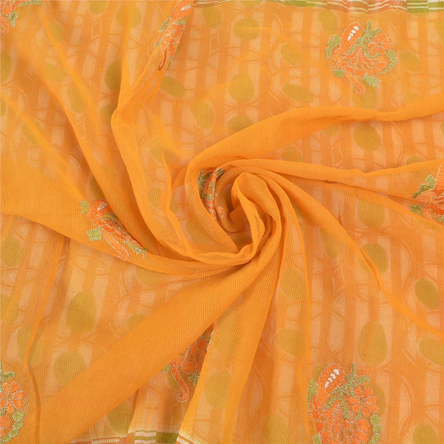 Sanskriti Vintage Saffron Sarees Blend Cotton Embroidered Kota Sari Sustainable Fabric