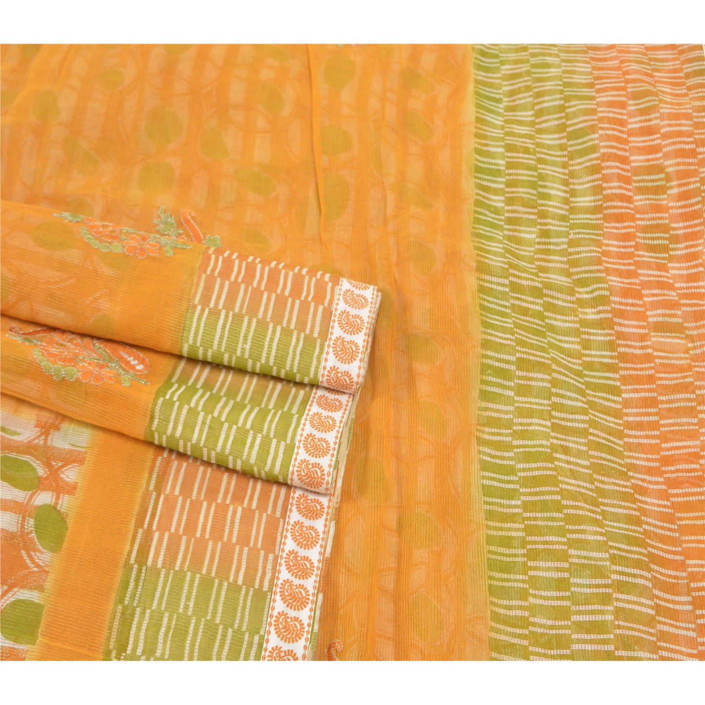 Sanskriti Vintage Saffron Sarees Blend Cotton Embroidered Kota Sari Sustainable Fabric