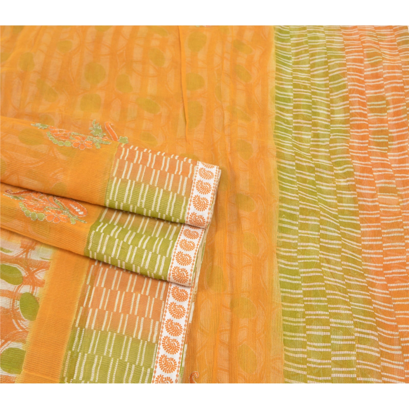 Sanskriti Vintage Saree Blend Cotton Saffron & Green Saree Embroidered Kota Rajasthan Of India Fabric 5 Yard Craft