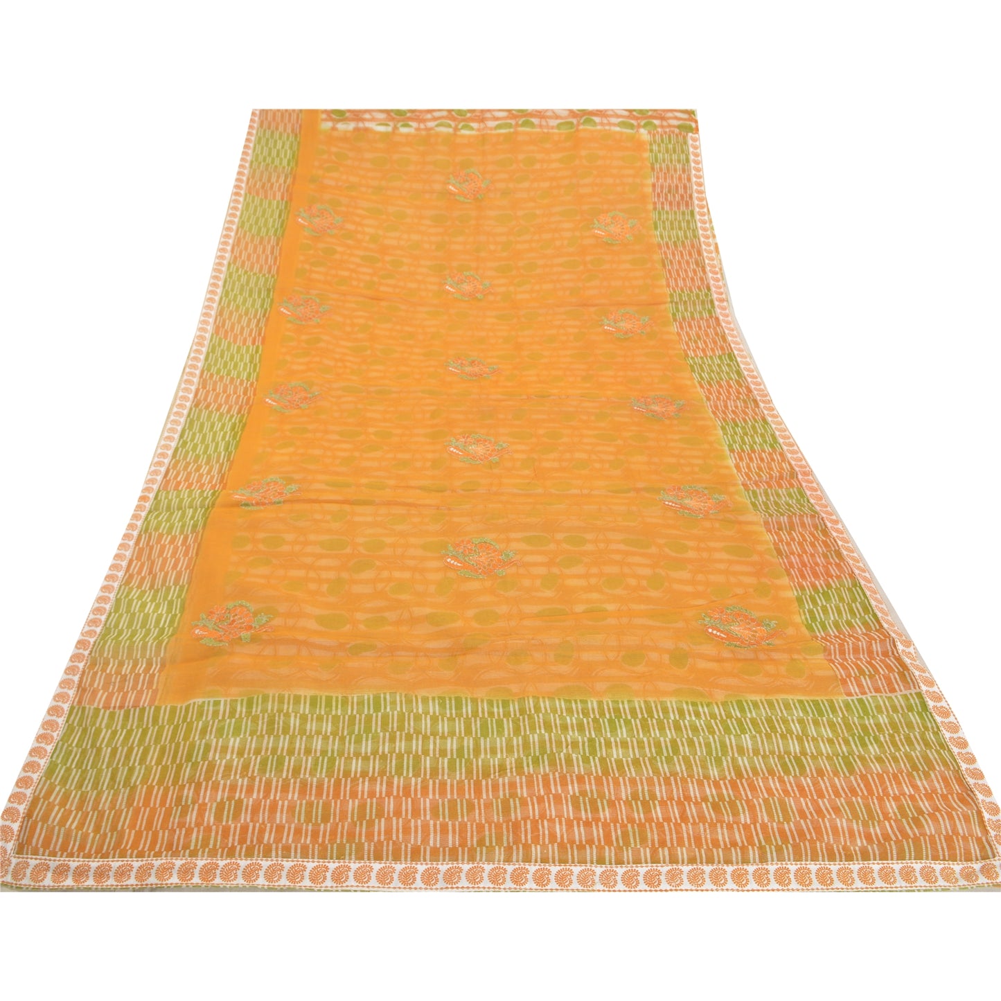 Sanskriti Vintage Saffron Sarees Blend Cotton Embroidered Kota Sari Sustainable Fabric