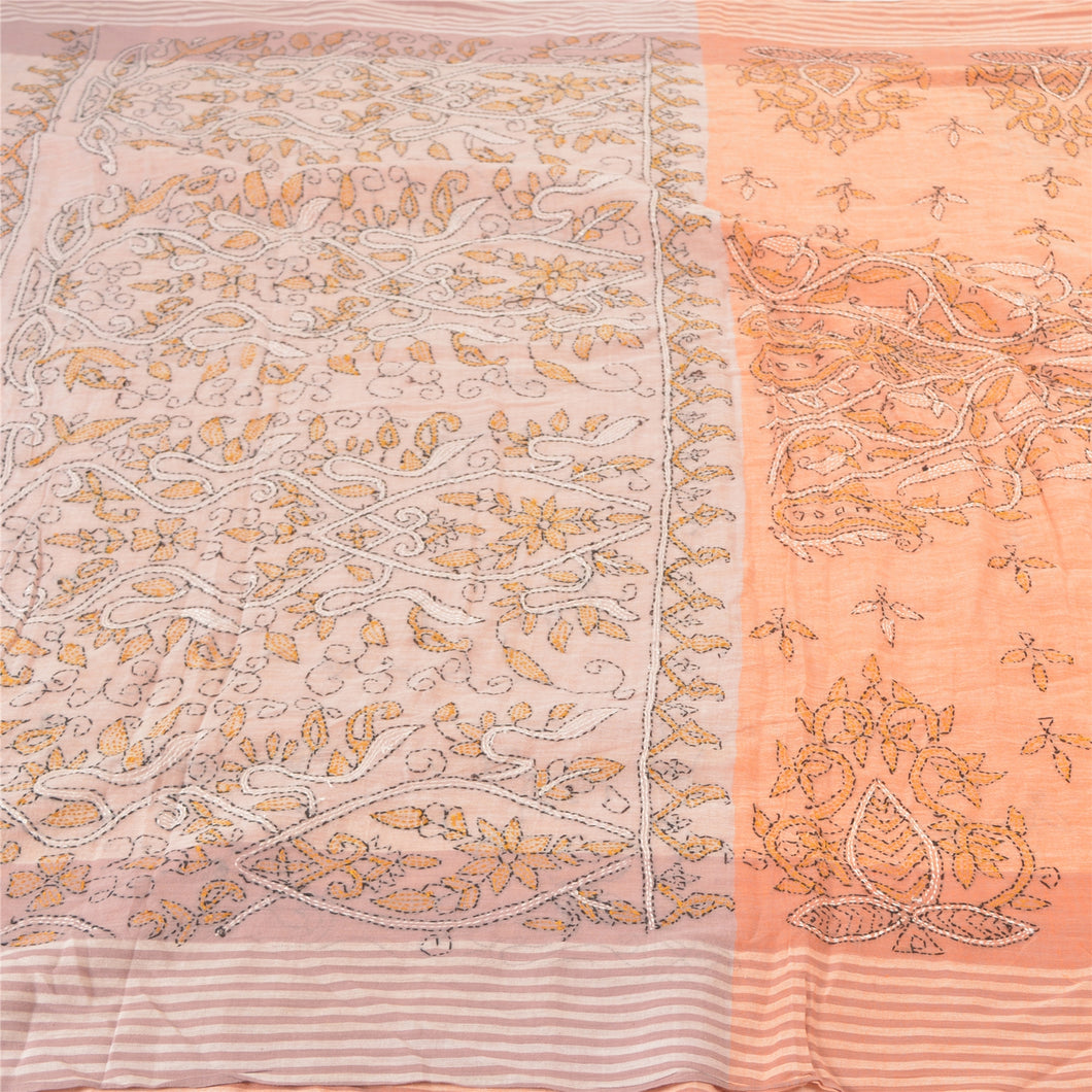 Sanskriti Vintage Peach Sarees Pure Cotton Sari Hand Embroidered Kantha Fabric