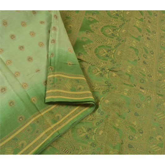 Sanskriti Vintage Green Sarees 100% Pure Silk Handwoven Sari Craft Sustainable Fabric