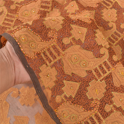 Sanskriti Vintage Brown Sarees Pure Organza Silk Hand Beaded Premium Sari Sustainable Fabric