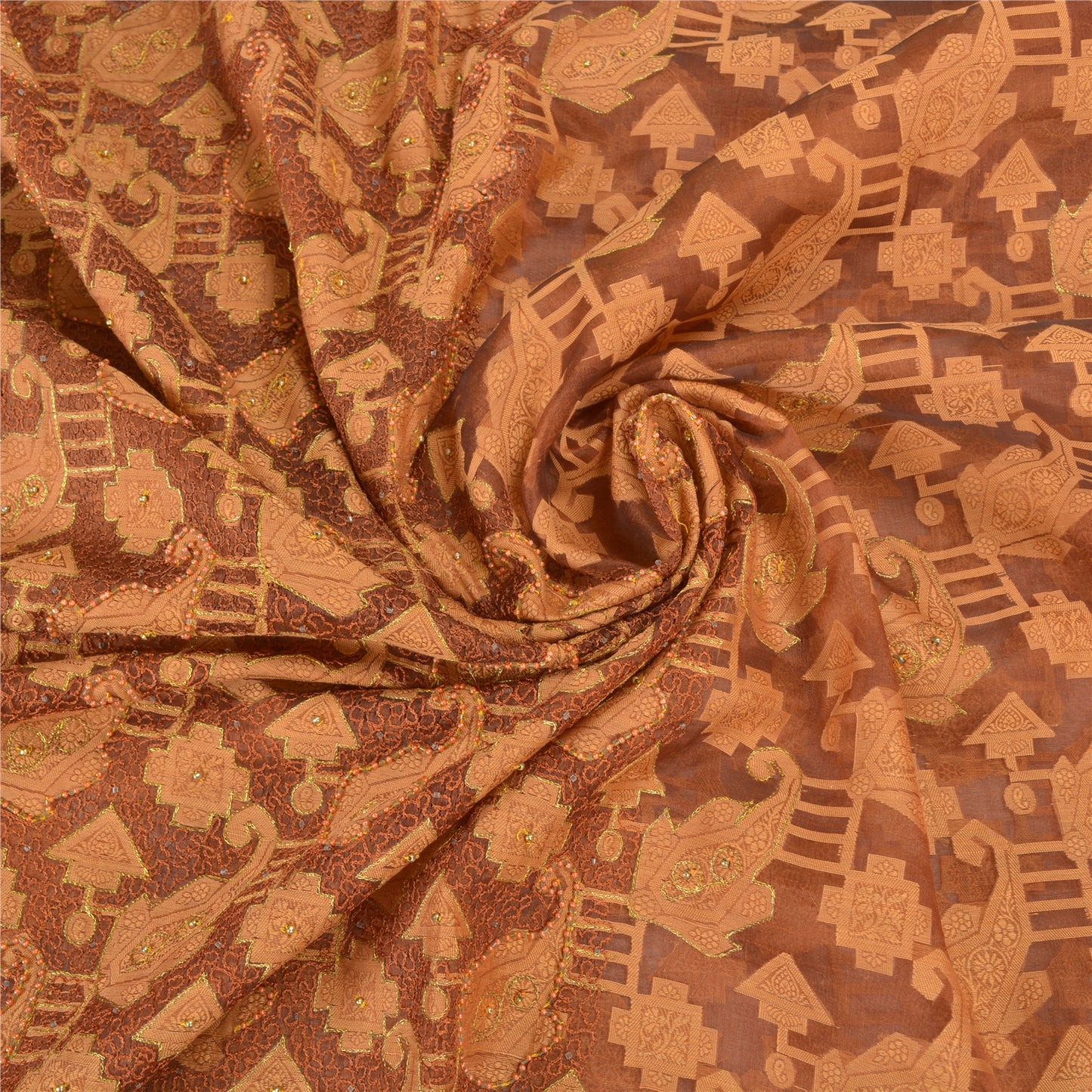 Sanskriti Vintage Brown Sarees Pure Organza Silk Hand Beaded Premium Sari Sustainable Fabric