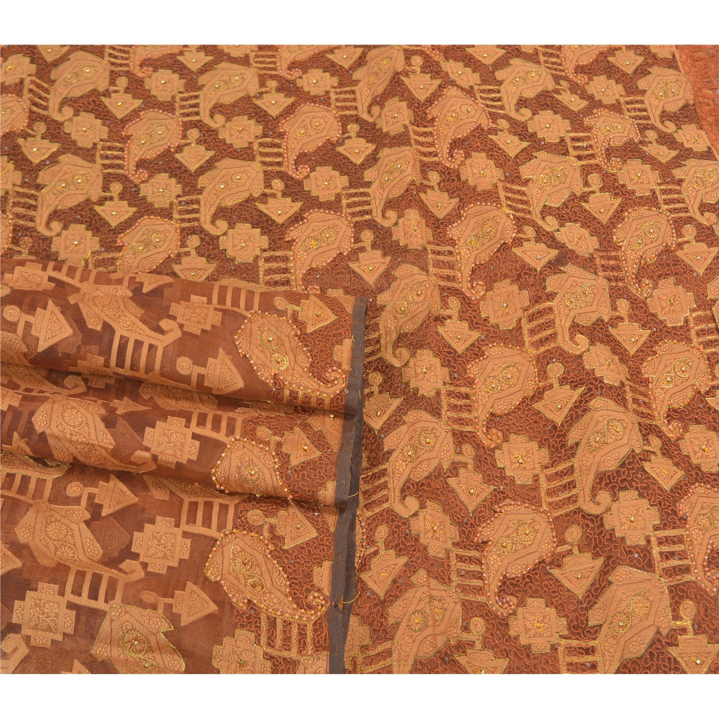 Sanskriti Vintage Brown Sarees Pure Organza Silk Hand Beaded Premium Sari Sustainable Fabric