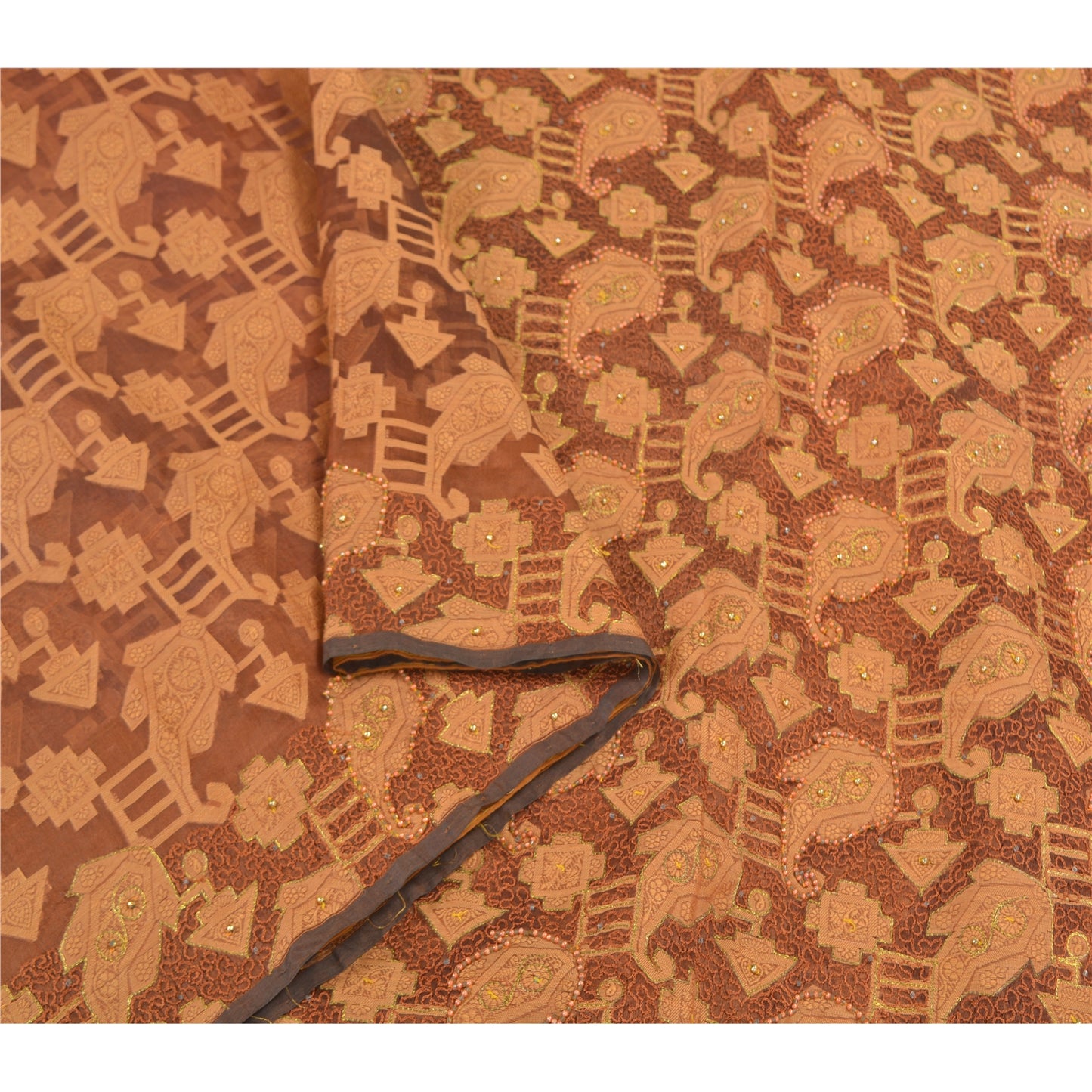 Sanskriti Vintage Brown Sarees Pure Organza Silk Hand Beaded Premium Sari Sustainable Fabric