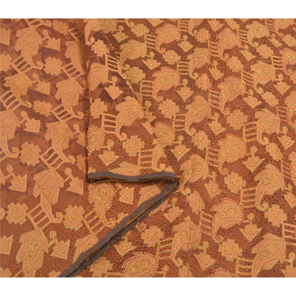 Sanskriti Vintage Brown Sarees Pure Organza Silk Hand Beaded Premium Sari Sustainable Fabric