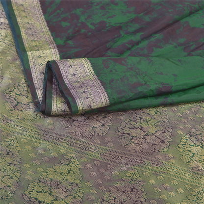 Sanskriti Vintage Green Sarees 100% Pure Silk Woven TIe-Dye Sari Craft Sustainable Fabric