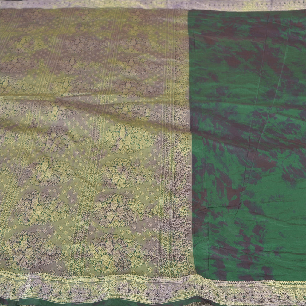 Sanskriti Vintage Green Sarees 100% Pure Silk Woven TIe-Dye Sari Craft Sustainable Fabric