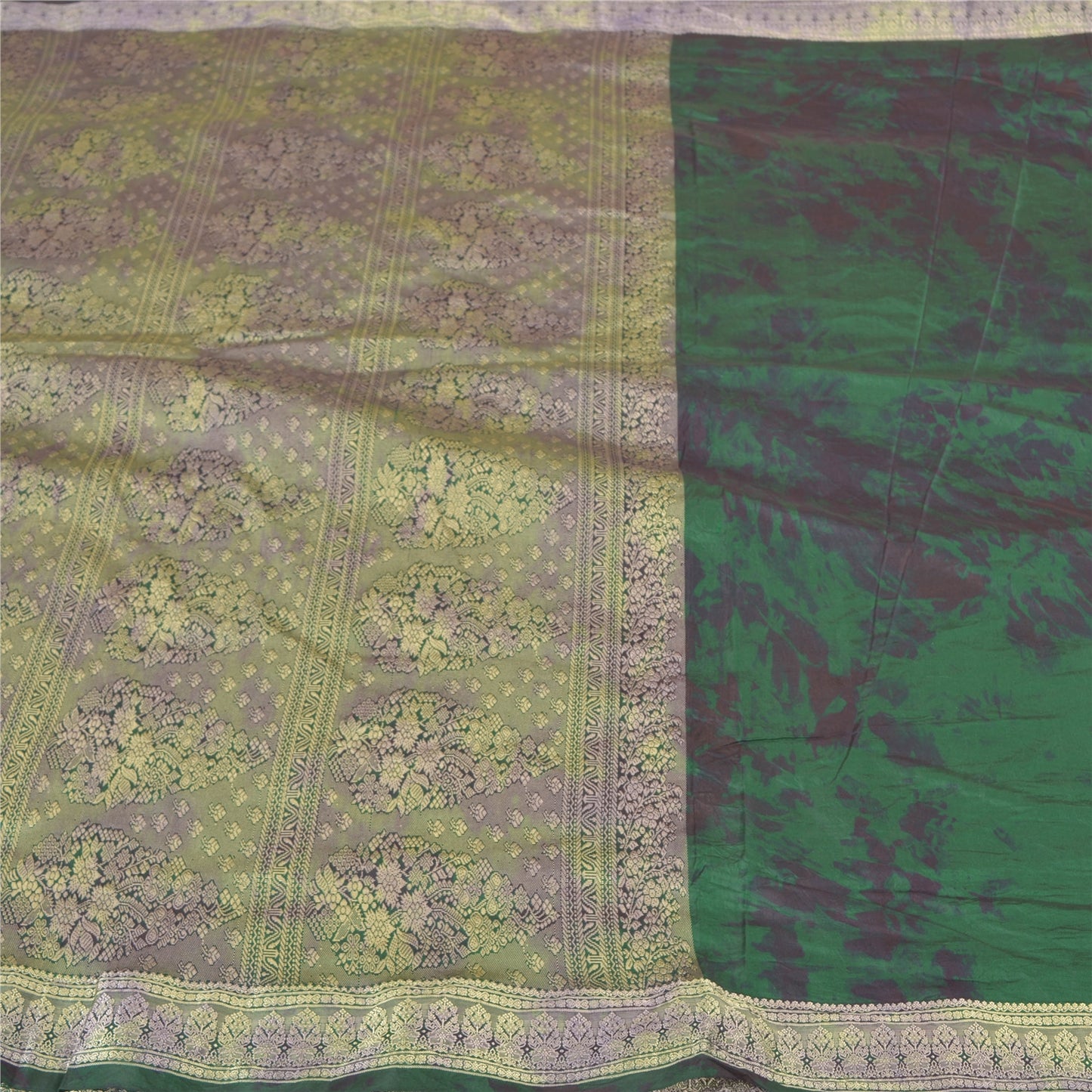 Sanskriti Vintage Green Sarees 100% Pure Silk Woven TIe-Dye Sari Craft Sustainable Fabric