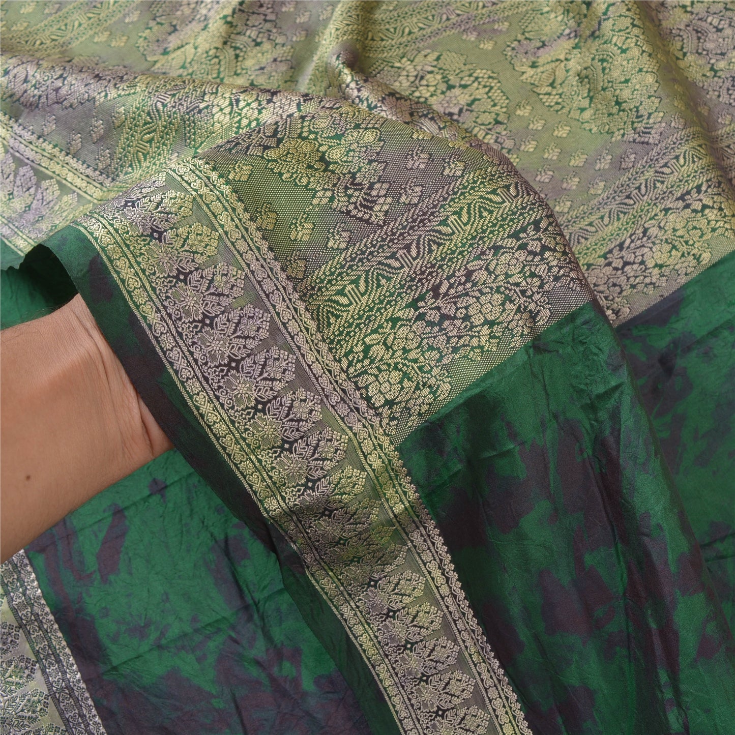 Sanskriti Vintage Green Sarees 100% Pure Silk Woven TIe-Dye Sari Craft Sustainable Fabric