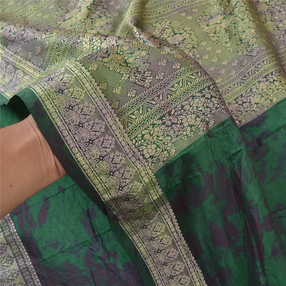 Sanskriti Vintage Green Sarees 100% Pure Silk Woven TIe-Dye Sari Craft Sustainable Fabric
