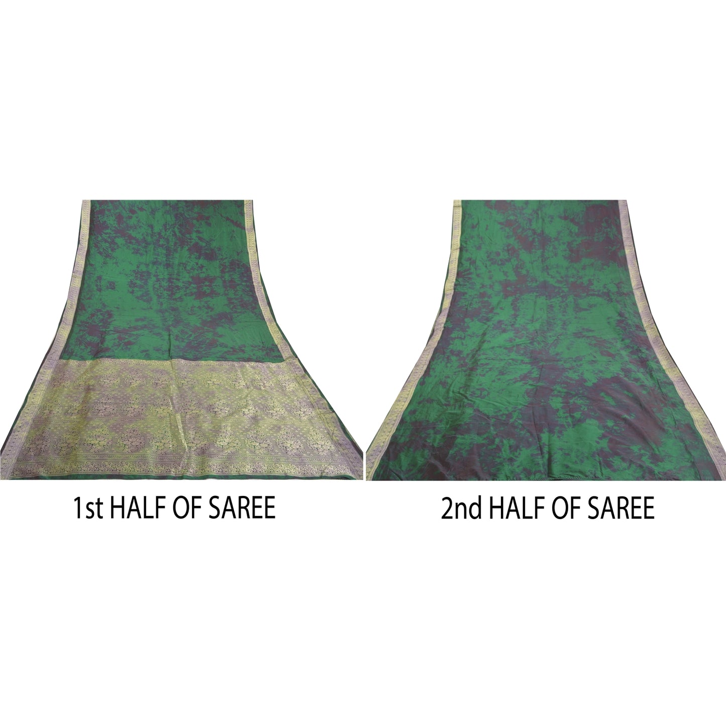 Sanskriti Vintage Green Sarees 100% Pure Silk Woven TIe-Dye Sari Craft Sustainable Fabric