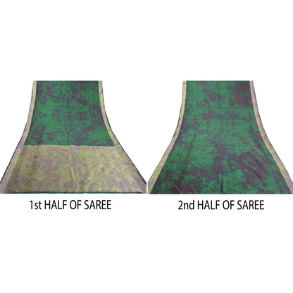 Sanskriti Vintage Green Sarees 100% Pure Silk Woven TIe-Dye Sari Craft Sustainable Fabric