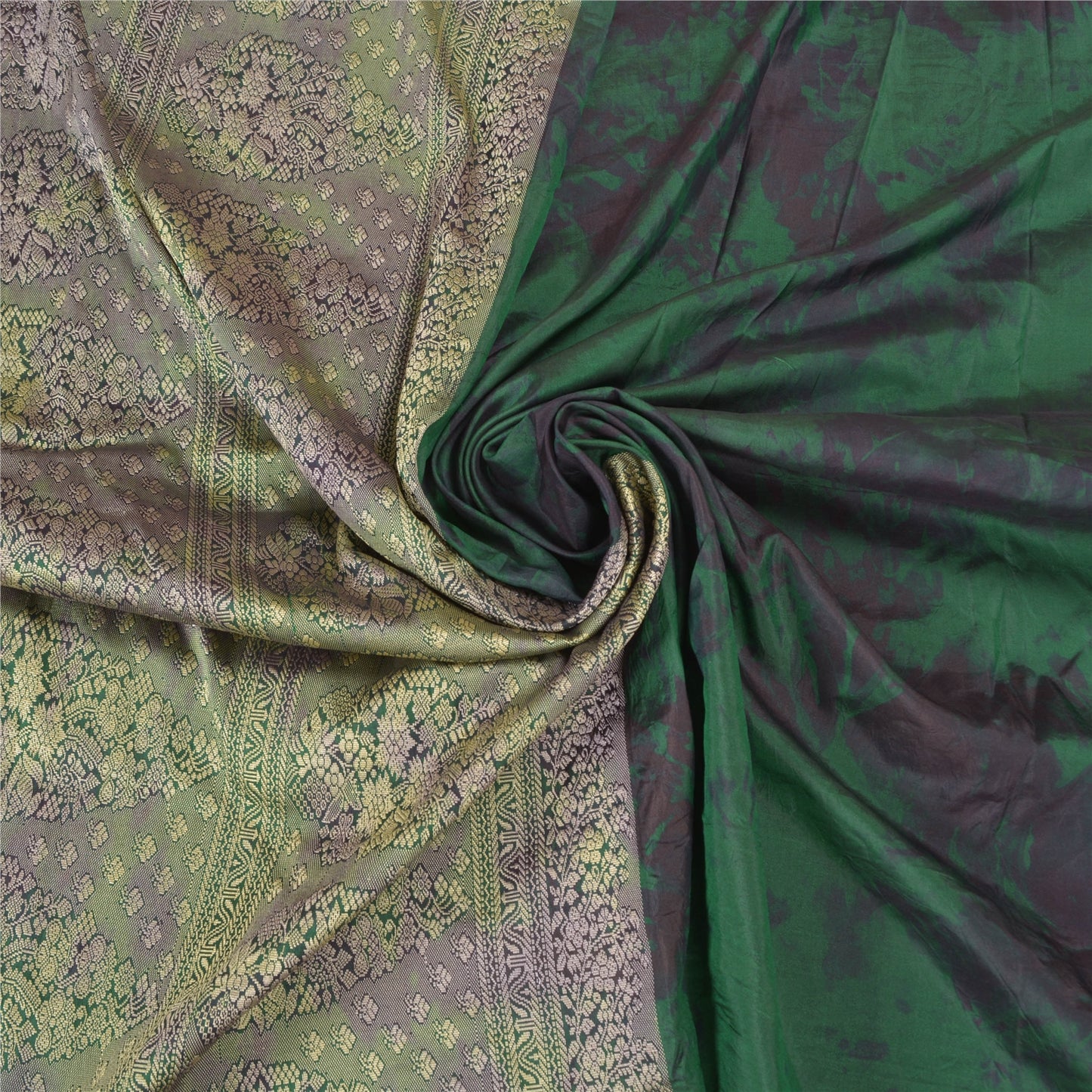 Sanskriti Vintage Green Sarees 100% Pure Silk Woven TIe-Dye Sari Craft Sustainable Fabric
