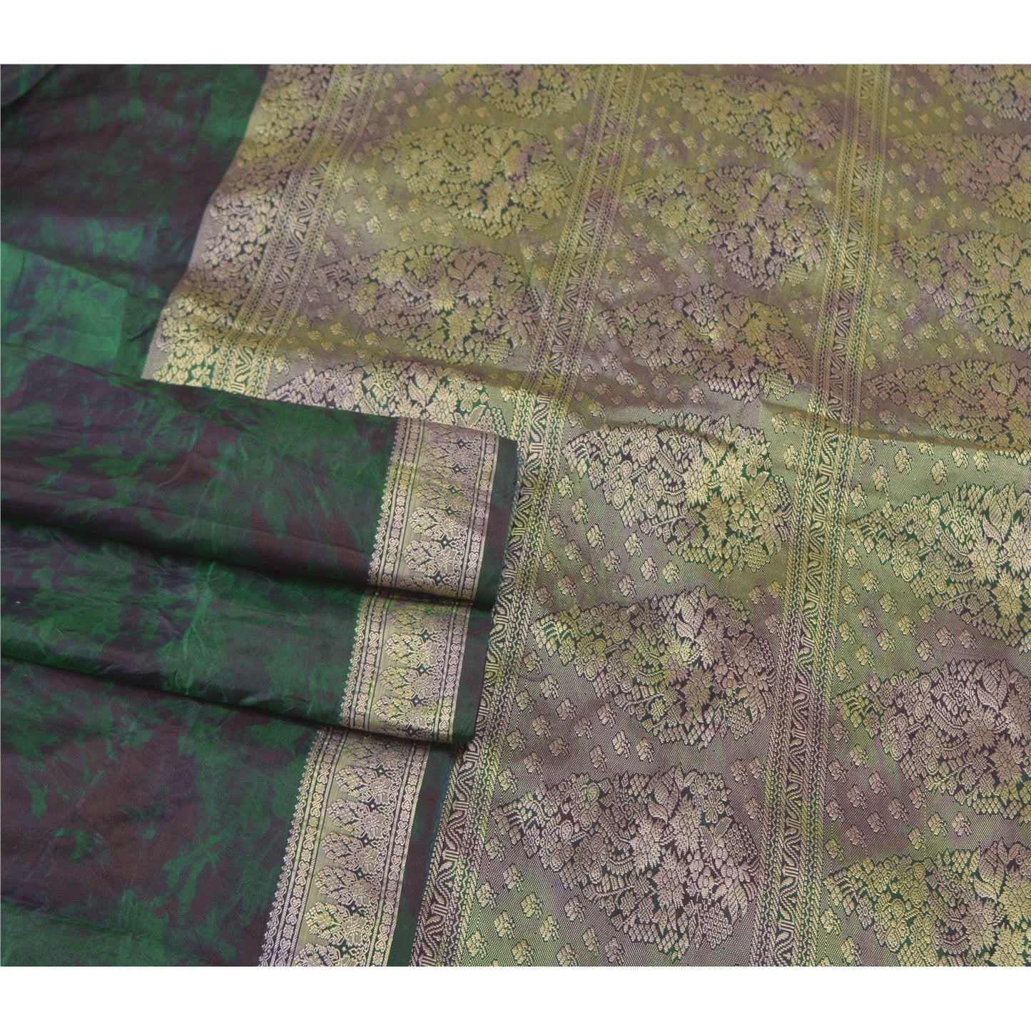 Sanskriti Vintage Green Sarees 100% Pure Silk Woven TIe-Dye Sari Craft Sustainable Fabric