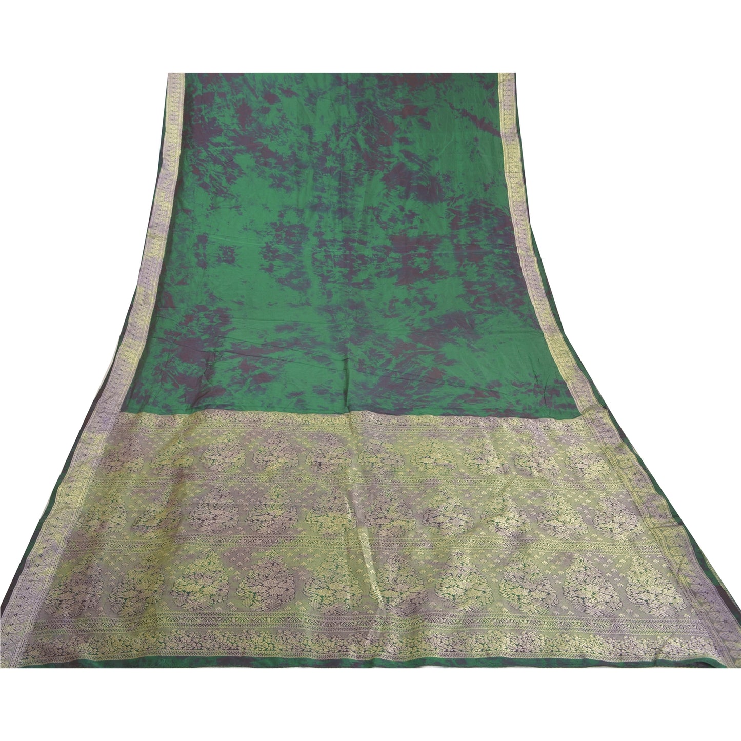 Sanskriti Vintage Green Sarees 100% Pure Silk Woven TIe-Dye Sari Craft Sustainable Fabric