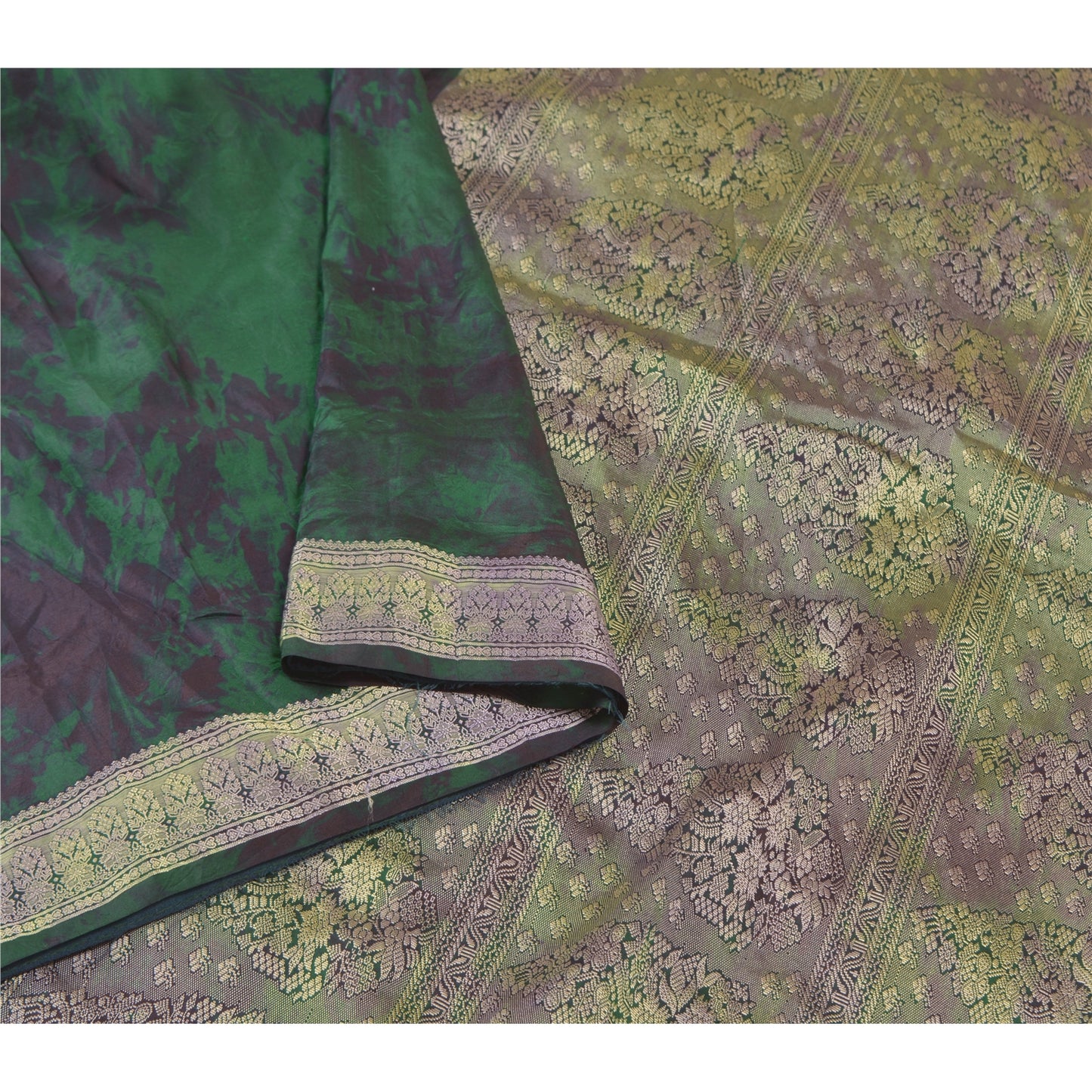 Sanskriti Vintage Green Sarees 100% Pure Silk Woven TIe-Dye Sari Craft Sustainable Fabric