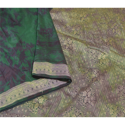 Sanskriti Vintage Green Sarees 100% Pure Silk Woven TIe-Dye Sari Craft Sustainable Fabric
