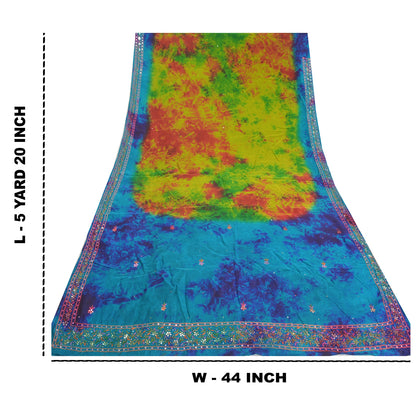 Sanskriti Vintage Sarees Green Pure Silk Beaded TIe-Dye Premium Sari Sustainable Fabric