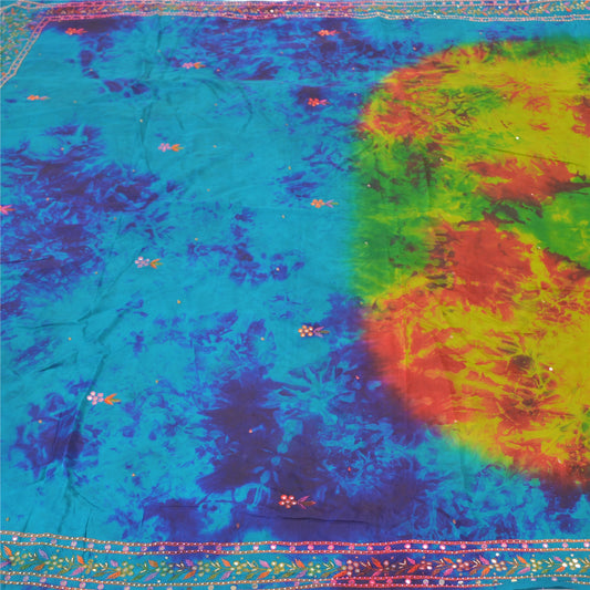 Sanskriti Vintage Sarees Green Pure Silk Beaded TIe-Dye Premium Sari Sustainable Fabric