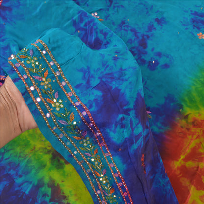 Sanskriti Vintage Sarees Green Pure Silk Beaded TIe-Dye Premium Sari Sustainable Fabric