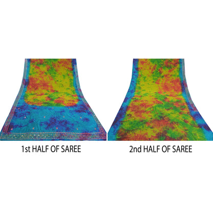 Sanskriti Vintage Sarees Green Pure Silk Beaded TIe-Dye Premium Sari Sustainable Fabric