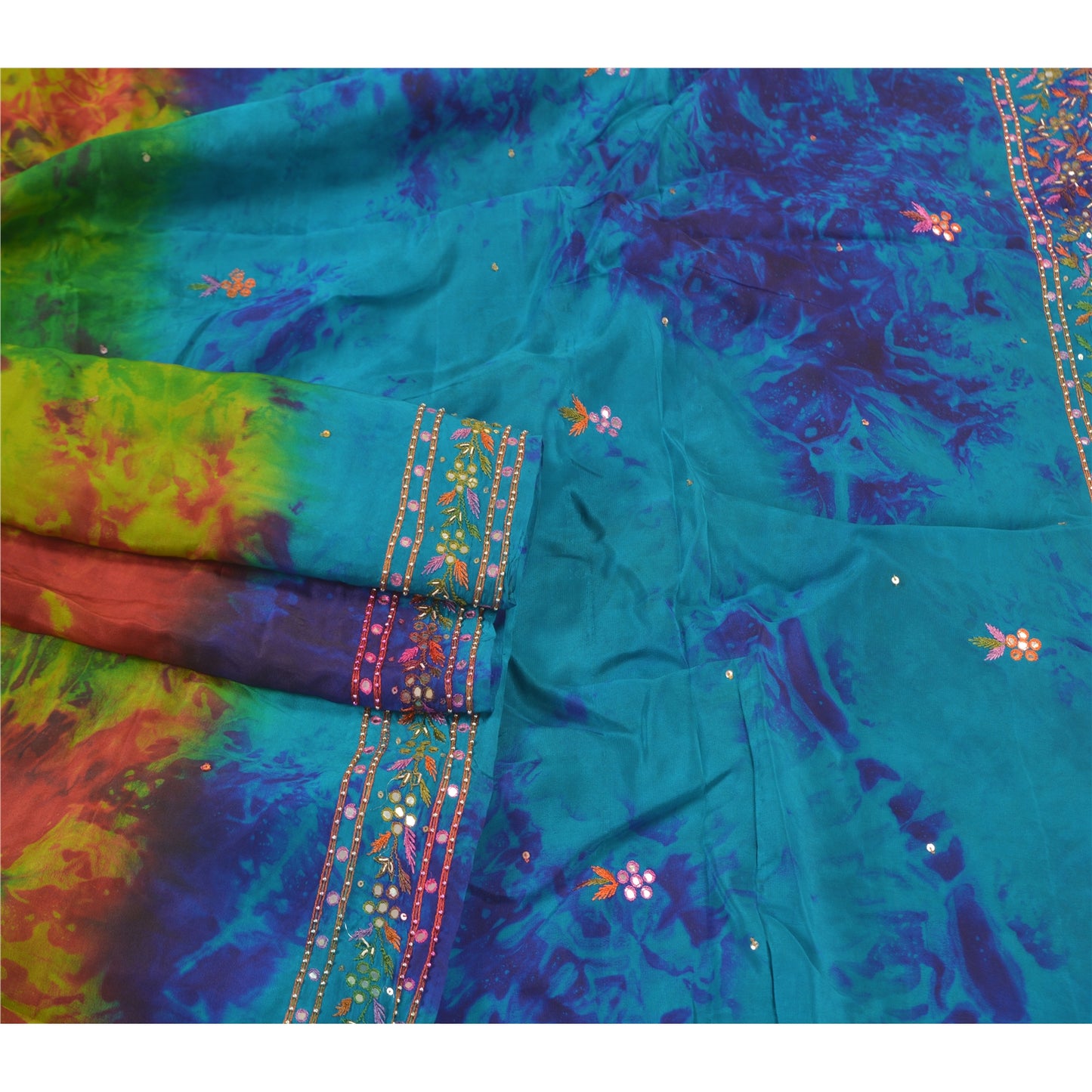 Sanskriti Vintage Sarees Green Pure Silk Beaded TIe-Dye Premium Sari Sustainable Fabric