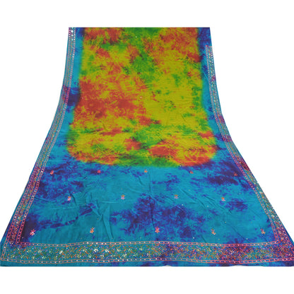Sanskriti Vintage Sarees Green Pure Silk Beaded TIe-Dye Premium Sari Sustainable Fabric