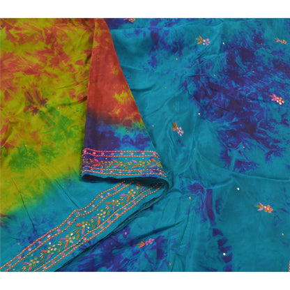 Sanskriti Vintage Sarees Green Pure Silk Beaded TIe-Dye Premium Sari Sustainable Fabric