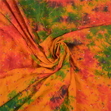 Load image into Gallery viewer, Sanskriti Vintage Orange Sarees Pure Crepe Silk Hand Beaded TIe-Dye Sari Fabric
