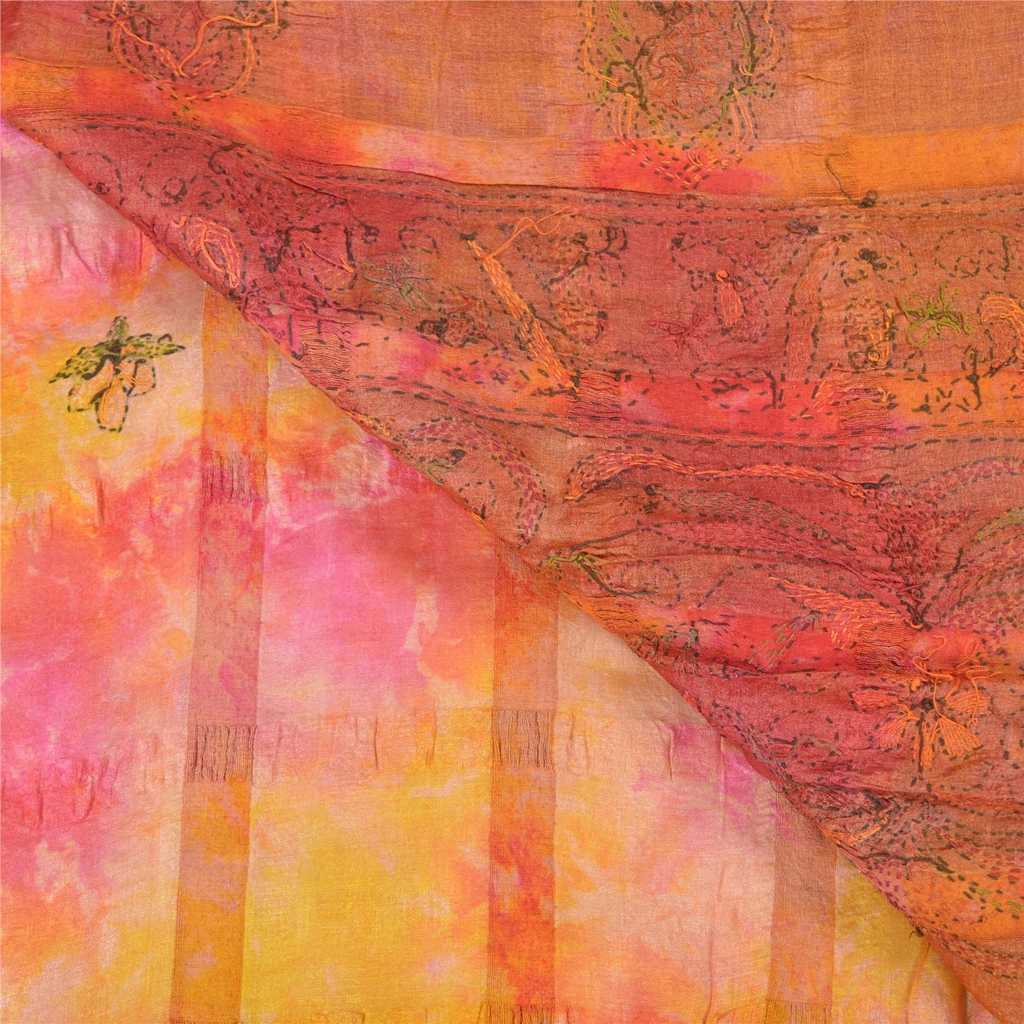 Sanskriti Vintage Sarees Pure Silk Hand Embroidered Kantha Premium Sari Sustainable Fabric