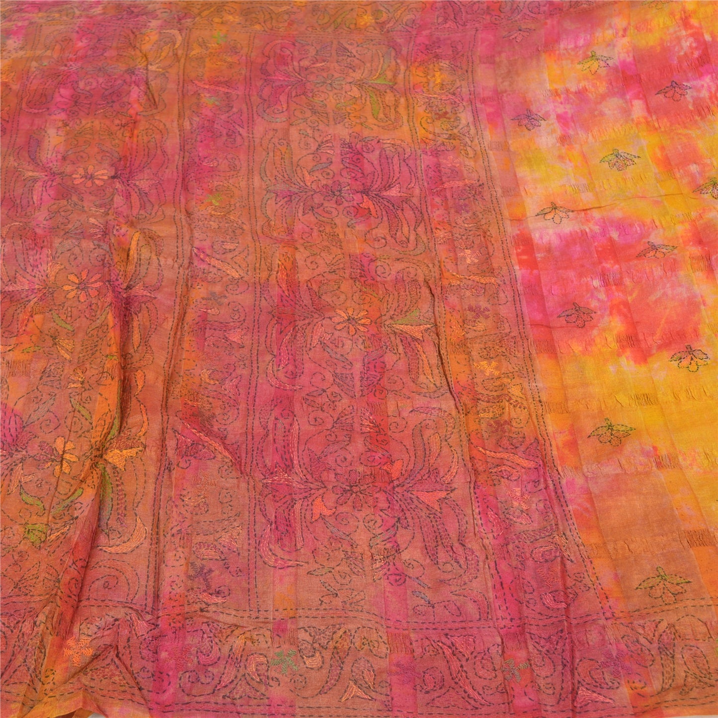 Sanskriti Vintage Sarees Pure Silk Hand Embroidered Kantha Premium Sari Sustainable Fabric